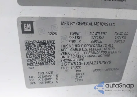 2021 GMC Sierra 1500 4Wd Standard Box Elevation from USA, damaged, VIN 1GTV9CETXMZ192870